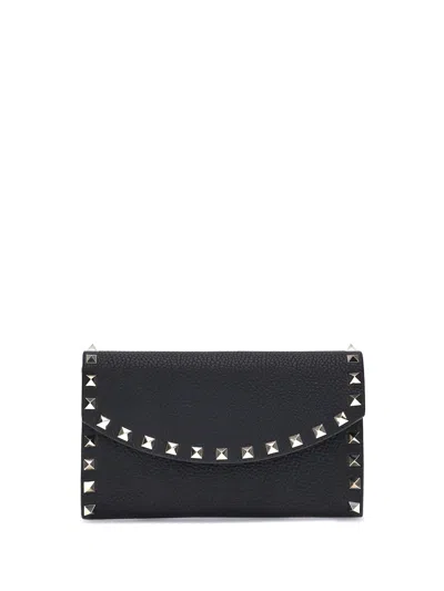 Valentino Garavani Rockstud Leather Wallet On Chain In Black