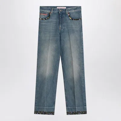 Valentino Washed Blue Jeans With Floral Fabric Trims In Multi