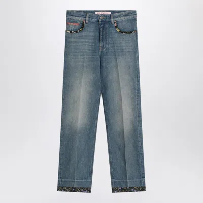 Valentino Washed Blue Jeans With Floral Fabric Trims In Multi