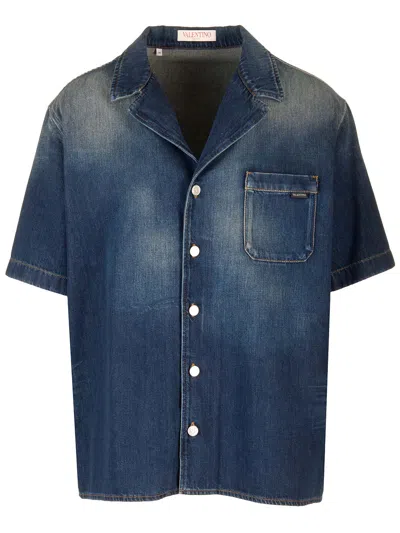 Valentino Washed Chambray Bowling Shirt In Blue