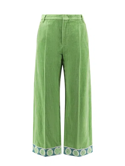 Valentino Washed Cotton And Linen Trouser With Jacquard Bottom In Green