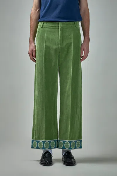VALENTINO WASHED COTTON-LINEN VELVET TROUSERS WITH JACQUARD HEMS