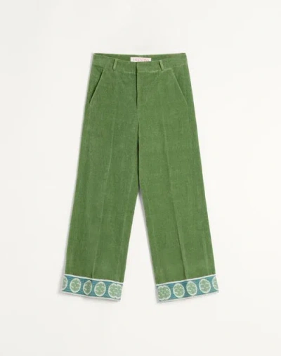 Valentino Washed Cotton-linen Velvet Trousers With Jacquard Hems In Green