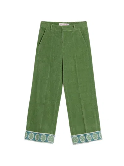 Valentino Washed Cotton-linen Velvet Trousers With Jacquard Hems In Green