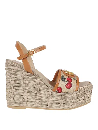 Valentino Garavani Vlogo Cherry Jacquard Raffia-wedge Espadrilles In Brown