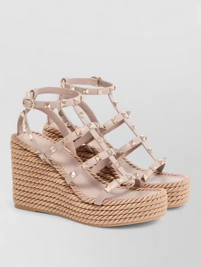Valentino Garavani Wedge Espadrille Sandals Ankle Strap Rockstud In Neutral