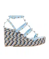 Valentino Garavani Rockstud Calfskin Wedge Sandal With Straps 95mm Woman Baltic Blue 37 In Multi