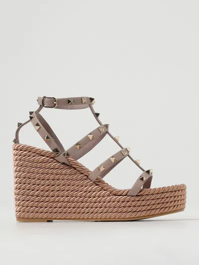 Valentino Garavani Rockstud Ankle Strap Wedge Sandal In Calfskin Leather 95 Mm Woman Skin 41 In Neutral