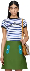 Valentino Womens Striped Embroidered Cotton-jersey T-shirt Avorio Blu In Cr1 Avorio/blu