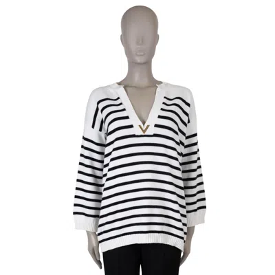 Pre-owned Valentino White & Navy Cotton 2022 Striped Deep V Oversized Sweater S