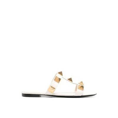 Valentino Garavani Roman Stud Flat Sandals With Signature Pyramid Studs In White