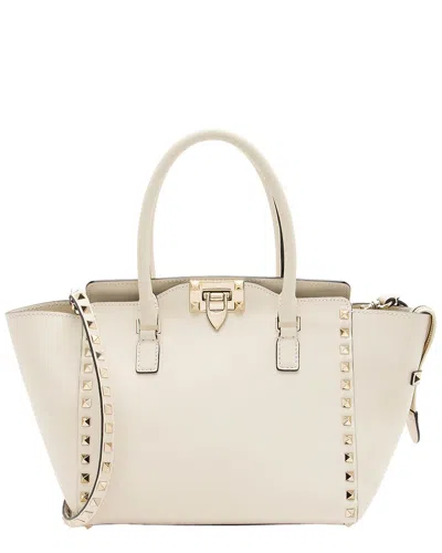 Valentino Garavani Valentino White Calfskin Rockstud Double Handle Small Tote (authentic Pre-  Loved) In Neutral