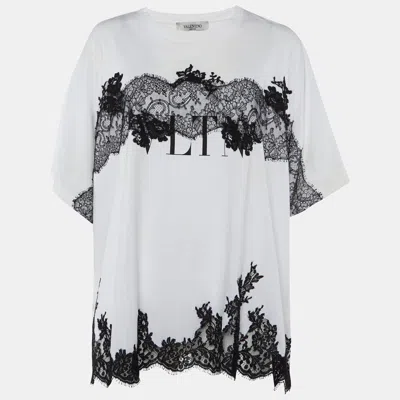 Pre-owned Valentino White Cotton Knit & Black Lace Paneled Oversized T-shirt M