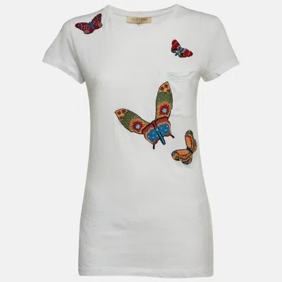 Pre-owned Valentino White Cotton Knit Butterfly Applique Crewneck T-shirt Xs