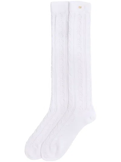 Valentino White Cotton Socks With Vlogo Signature And Crochet Knit Texture
