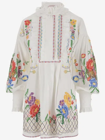 VALENTINO WHITE EMBROIDERED COTTON AND LINEN BLOUSE