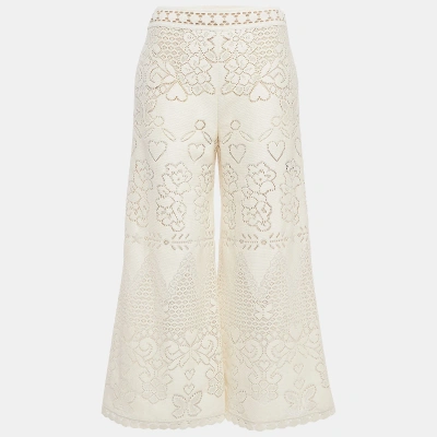 Pre-owned Valentino White Eyelet Knit Wide Leg Pants S