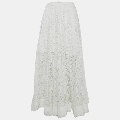 Pre-owned Valentino White Floral Lace Pleated Maxi Skirt S