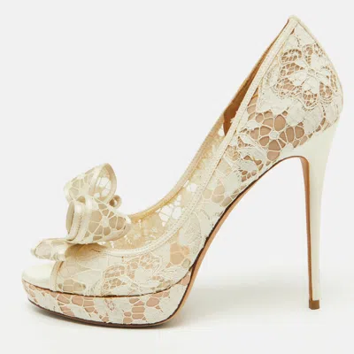 Pre-owned Valentino Garavani White Lace And Satin Double Bow Platform Pumps Size 41