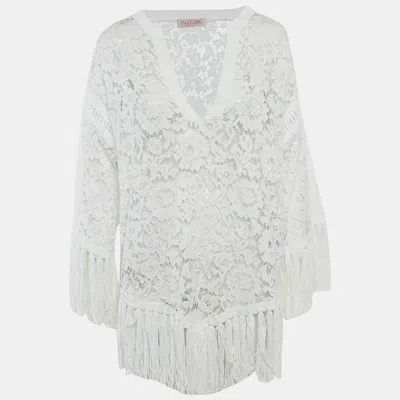 Pre-owned Valentino White Lace Fringed Loose Fit Mini Dress M