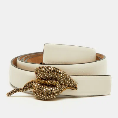Pre-owned Valentino Garavani White Leather Crystal Embellished Slim Buckle Belt 90cm