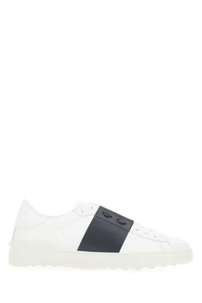 Valentino Garavani White Leather Open Sneakers With Navy Blue Band In Biancomarinebianco