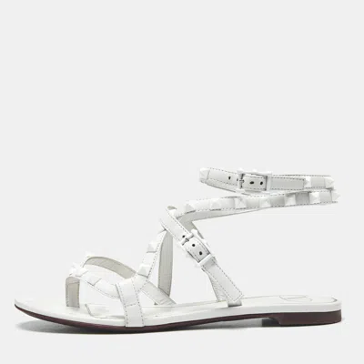 Pre-owned Valentino Garavani White Leather Rockstud Ankle Strap Flat Sandals Size 36