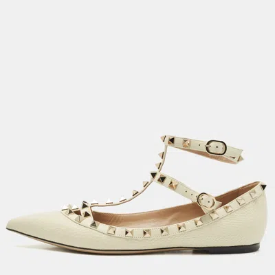 Pre-owned Valentino Garavani White Leather Rockstud Caged Ankle Strap Ballet Flats Size 38.5