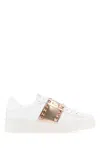 VALENTINO GARAVANI WHITE LEATHER ROCKSTUD UNTITLED SNEAKERS WITH GOLD ROSE BAND