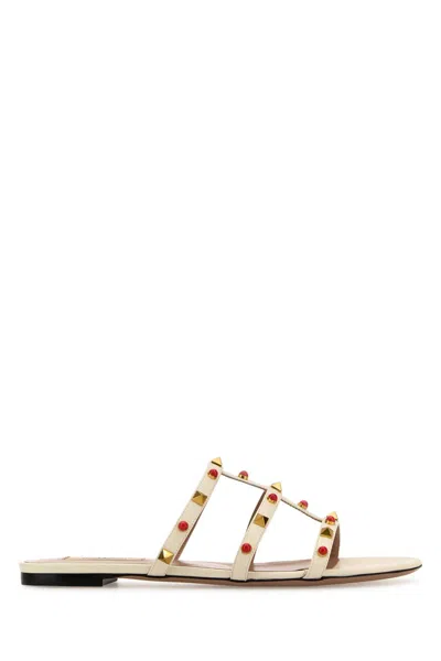 Valentino Garavani White Leather Studs Slippers In Ivorycoralred