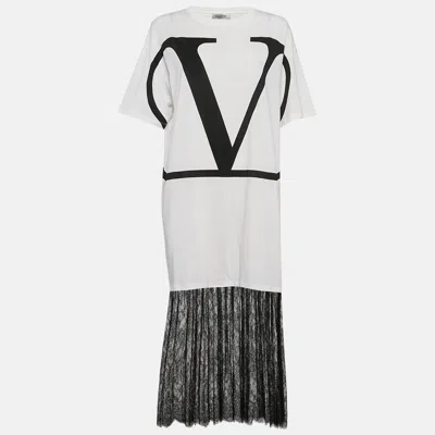 Pre-owned Valentino White Logo Print Cotton Knit And Lace Flared Midi Dress M