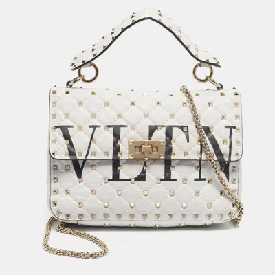 Pre-owned Valentino Garavani White Quilted Leather Medium Vltn Rockstud Spike Top Handle Bag