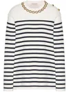 Valentino Embellished Striped Ribbed Cotton Sweater In White