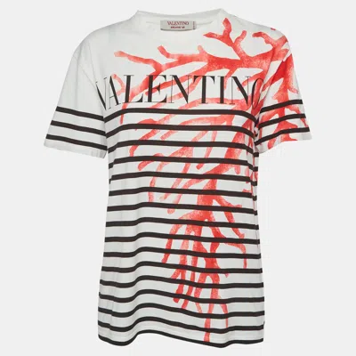 Pre-owned Valentino White Striped Coral Branch Print Jersey T-shirt S