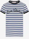 Valentino Womens Striped Embroidered Cotton-jersey T-shirt Avorio Blu In White