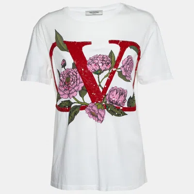 Pre-owned Valentino White V-logo Embellished Cotton Crew Neck T-shirt M