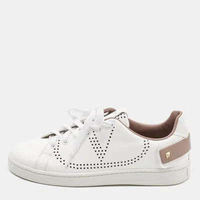 Pre-owned Valentino Garavani White/beige Leather Perforated V Backnet Trainers Size 37