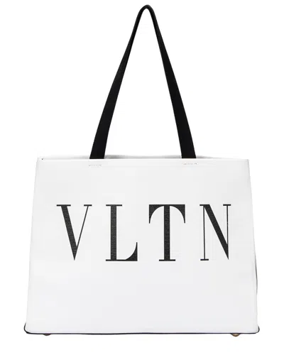 Pre-owned Valentino Garavani Valentino White/black Calfskin Leather Logo Shopping Tote (authentic Pre-loved)