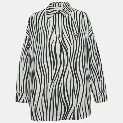 Pre-owned Valentino White/black Zebra Print Cotton V Detail Oversized Shirt Xs