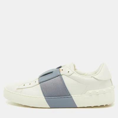 Pre-owned Valentino Garavani White/blue Leather Rockstud Slip On Sneakers Size 40