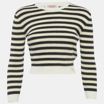 Pre-owned Valentino White/blue Striped Lurex Rib Knit Top M