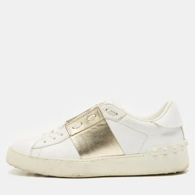 Pre-owned Valentino Garavani White/gold Leather Open Low Top Sneakers Size 36.5