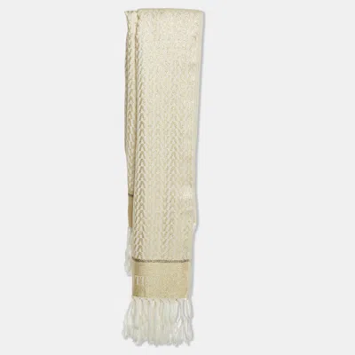 Pre-owned Valentino White/gold Monogram Lurex Jacquard Fringed Scarf