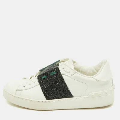 Pre-owned Valentino Garavani White/green Glitter And Leather Rockstud Low Top Sneakers Size 38