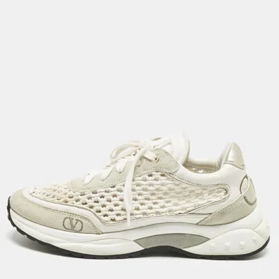 Pre-owned Valentino Garavani White/grey Knit Fabric And Leather Ready Go Low Top Sneakers Size 37