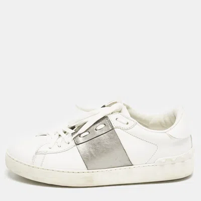 Pre-owned Valentino Garavani White/grey Leather Open Low Top Sneakers Size 40