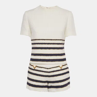 Pre-owned Valentino White/navy Blue Striped Tweed Mariniere Top & Shorts Set S