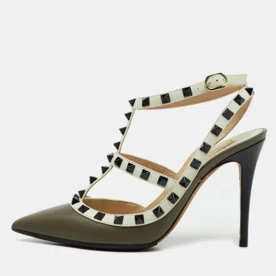 Pre-owned Valentino Garavani White/olive Green Leather Rockstud Ankle Strap Pumps Size 37.5