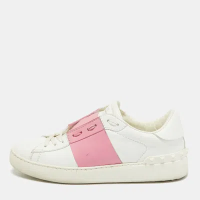 Pre-owned Valentino Garavani White/red Leather Rockstud Lace Up Sneakers Size 39