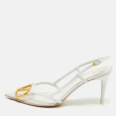 Pre-owned Valentino Garavani White/transparent Leather Vlogo Slingback Pumps Size 39.5